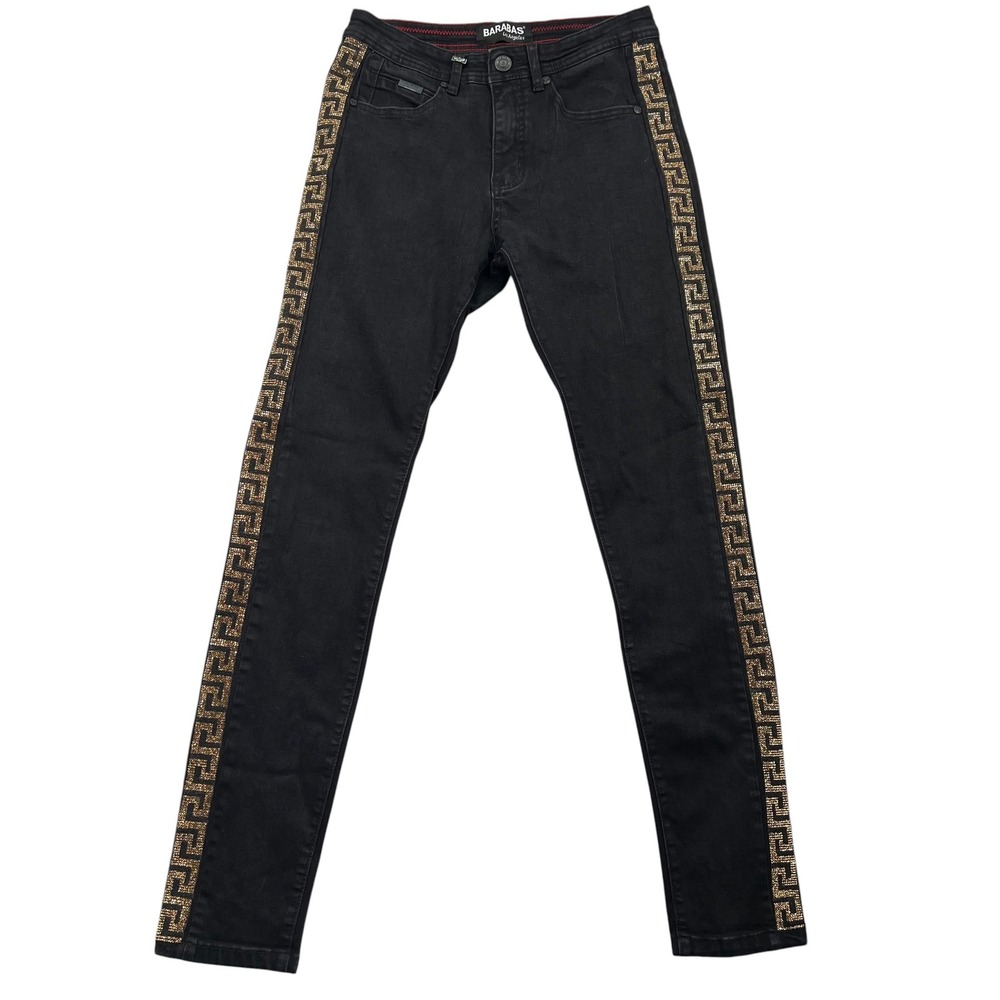 Barabas Jeans Mens 30 Black Gold Rhinestone Greek Key Side Stripe Slim Denim